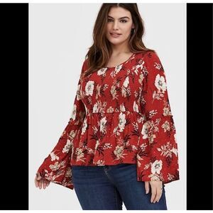 Torrid 1x flowy hippy smocked red floral boho babydoll top